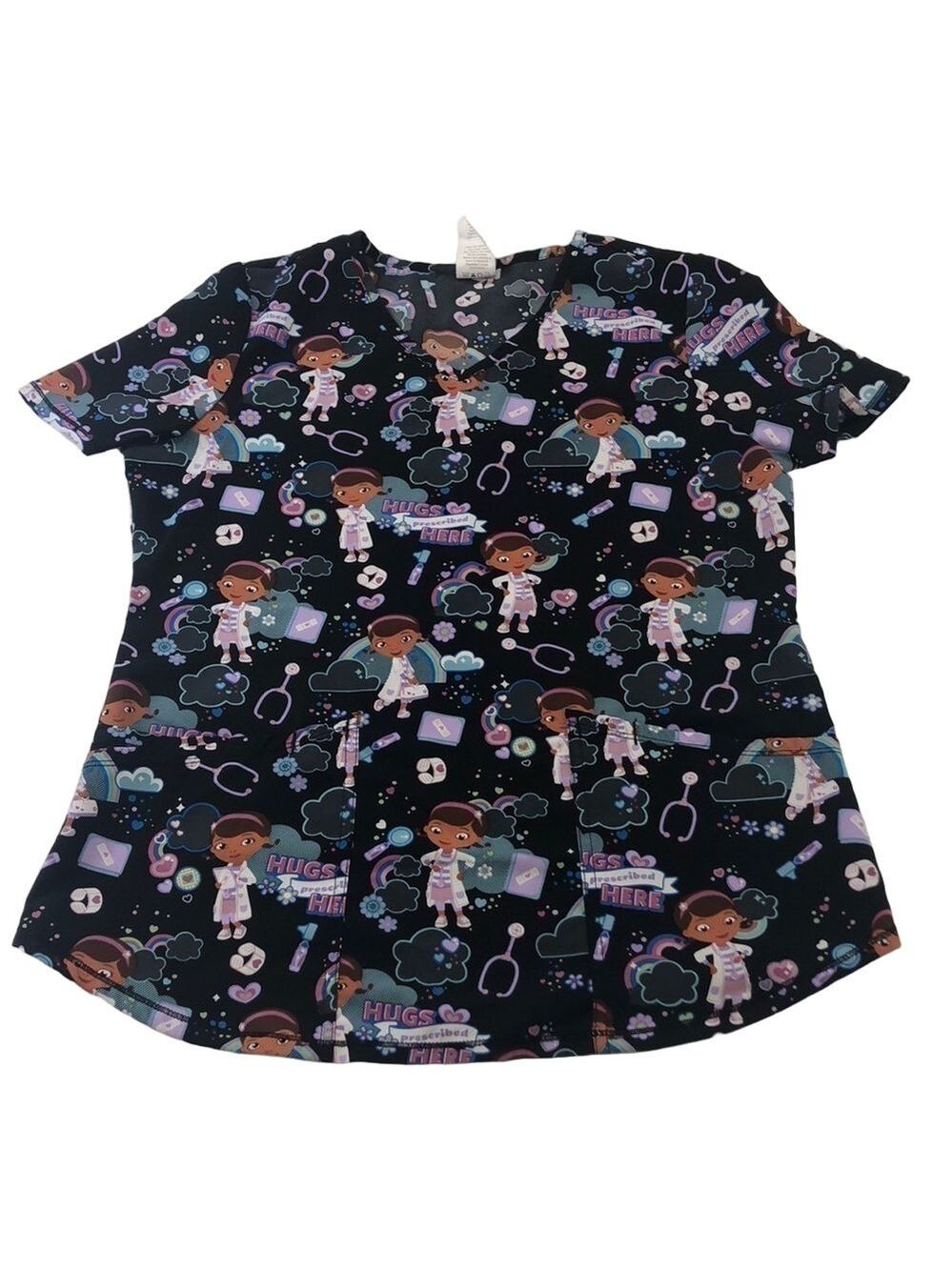 Disney cartoon girl short sleeve scrubs black and brights print Small